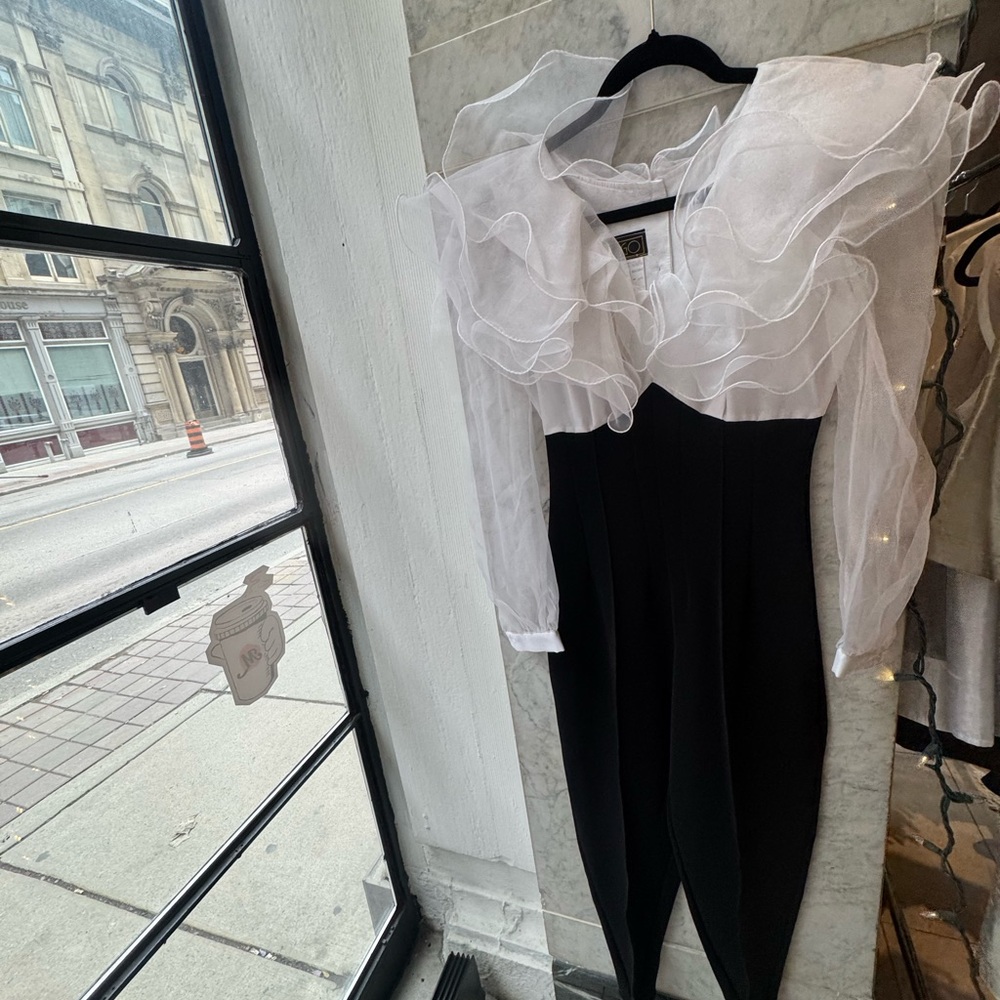 ALGO Black and White Ruffled Jumpsuit